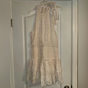 Lavish Tuscaloosa white cream Tie-Neck Ruffle leopard smocked waist dress